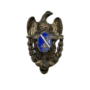 Vintage Eagle Door Knocker Pin Brooch Blue Enamel Crest Antiqued Gold Tone Metal